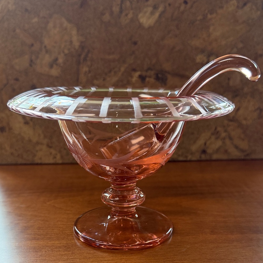 Elegant Pink Depression Glass Mayonnaise Bowl With Ladle